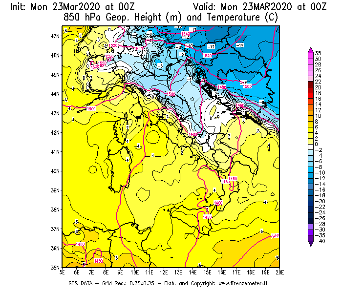 Mappa di analisi GFS - Geopotenziale [m] e Temperatura [°C] a 850 hPa in Italia
							del 23/03/2020 00 <!--googleoff: index-->UTC<!--googleon: index-->