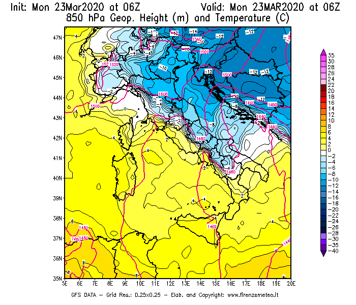 Mappa di analisi GFS - Geopotenziale [m] e Temperatura [°C] a 850 hPa in Italia
							del 23/03/2020 06 <!--googleoff: index-->UTC<!--googleon: index-->