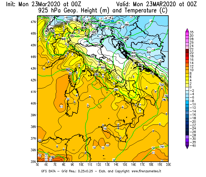 Mappa di analisi GFS - Geopotenziale [m] e Temperatura [°C] a 925 hPa in Italia
							del 23/03/2020 00 <!--googleoff: index-->UTC<!--googleon: index-->