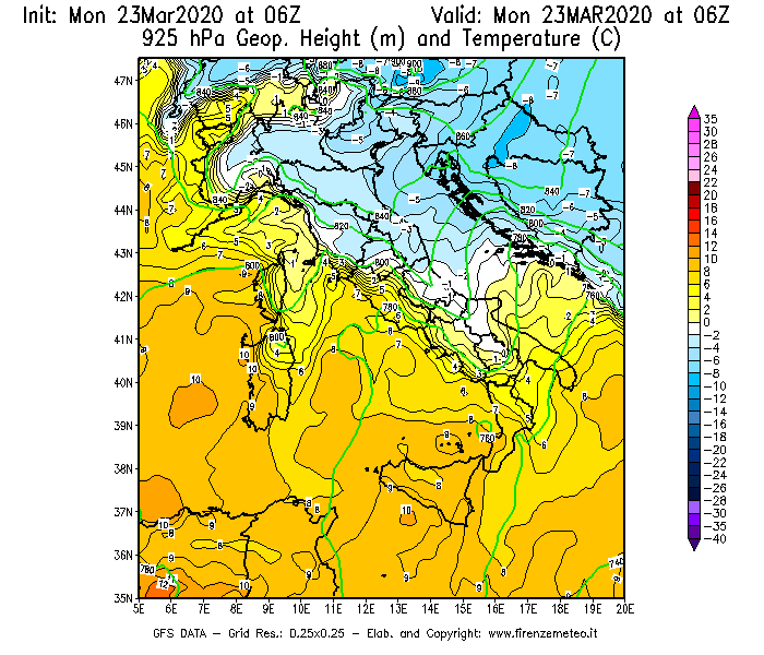 Mappa di analisi GFS - Geopotenziale [m] e Temperatura [°C] a 925 hPa in Italia
							del 23/03/2020 06 <!--googleoff: index-->UTC<!--googleon: index-->