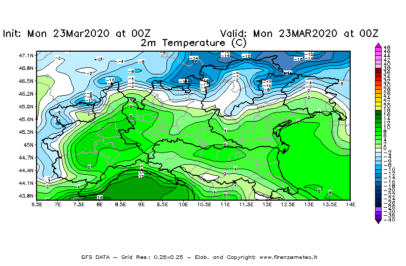 Mappa di analisi GFS - Temperatura a 2 metri dal suolo [°C] in Nord-Italia
							del 23/03/2020 00 <!--googleoff: index-->UTC<!--googleon: index-->