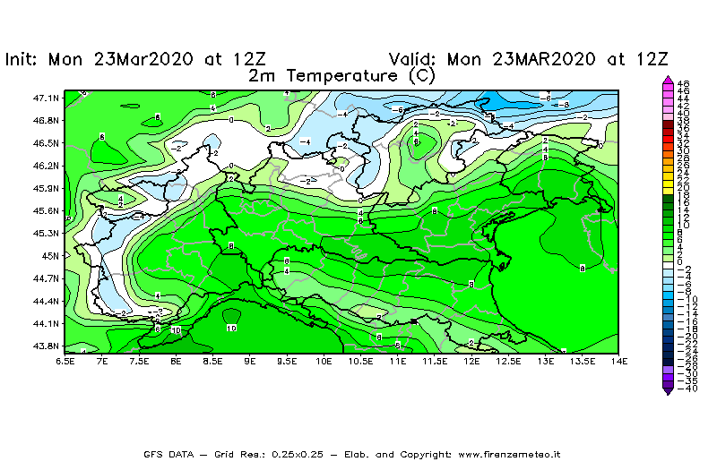 Mappa di analisi GFS - Temperatura a 2 metri dal suolo [°C] in Nord-Italia
							del 23/03/2020 12 <!--googleoff: index-->UTC<!--googleon: index-->