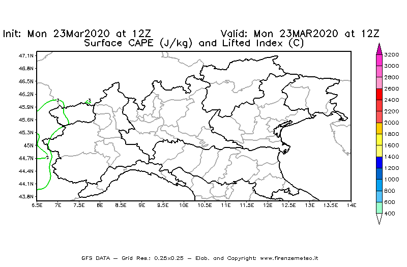 Mappa di analisi GFS - CAPE [J/kg] e Lifted Index [°C] in Nord-Italia
							del 23/03/2020 12 <!--googleoff: index-->UTC<!--googleon: index-->
