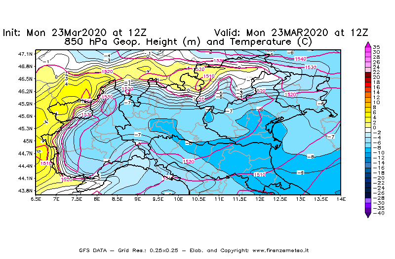 Mappa di analisi GFS - Geopotenziale [m] e Temperatura [°C] a 850 hPa in Nord-Italia
							del 23/03/2020 12 <!--googleoff: index-->UTC<!--googleon: index-->
