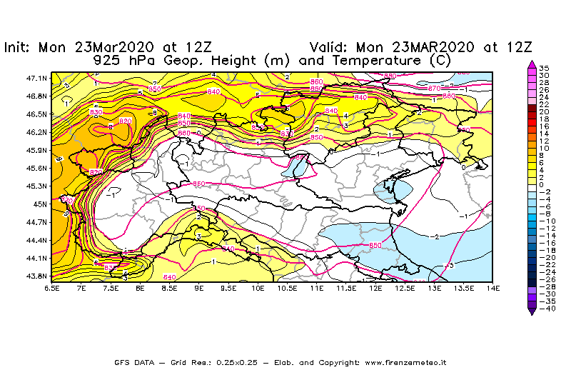 Mappa di analisi GFS - Geopotenziale [m] e Temperatura [°C] a 925 hPa in Nord-Italia
							del 23/03/2020 12 <!--googleoff: index-->UTC<!--googleon: index-->