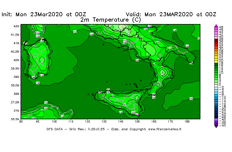 Mappa di analisi GFS - Temperatura a 2 metri dal suolo [°C] in Sud-Italia
							del 23/03/2020 00 <!--googleoff: index-->UTC<!--googleon: index-->