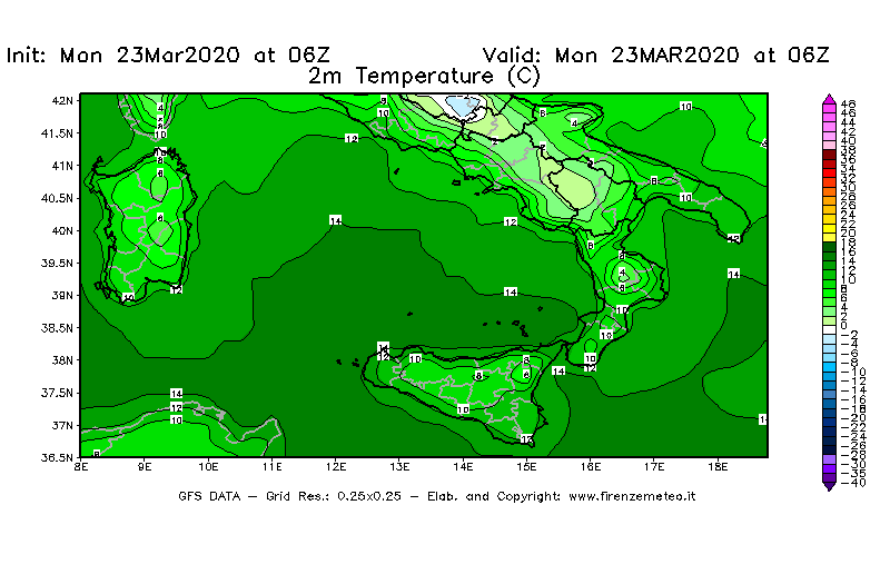 Mappa di analisi GFS - Temperatura a 2 metri dal suolo [°C] in Sud-Italia
							del 23/03/2020 06 <!--googleoff: index-->UTC<!--googleon: index-->