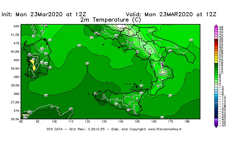 Mappa di analisi GFS - Temperatura a 2 metri dal suolo [°C] in Sud-Italia
							del 23/03/2020 12 <!--googleoff: index-->UTC<!--googleon: index-->