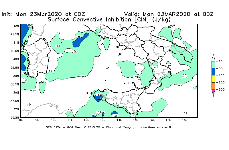 Mappa di analisi GFS - CIN [J/kg] in Sud-Italia
							del 23/03/2020 00 <!--googleoff: index-->UTC<!--googleon: index-->