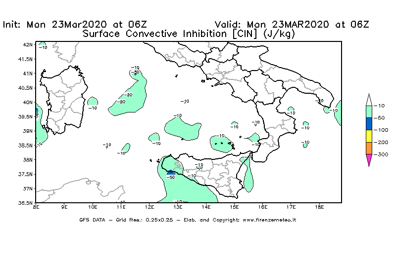 Mappa di analisi GFS - CIN [J/kg] in Sud-Italia
							del 23/03/2020 06 <!--googleoff: index-->UTC<!--googleon: index-->