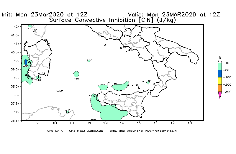 Mappa di analisi GFS - CIN [J/kg] in Sud-Italia
							del 23/03/2020 12 <!--googleoff: index-->UTC<!--googleon: index-->