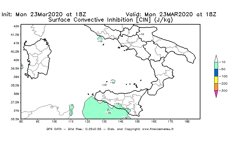 Mappa di analisi GFS - CIN [J/kg] in Sud-Italia
							del 23/03/2020 18 <!--googleoff: index-->UTC<!--googleon: index-->