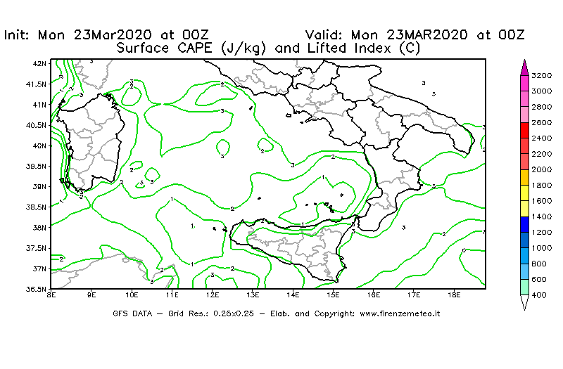 Mappa di analisi GFS - CAPE [J/kg] e Lifted Index [°C] in Sud-Italia
							del 23/03/2020 00 <!--googleoff: index-->UTC<!--googleon: index-->