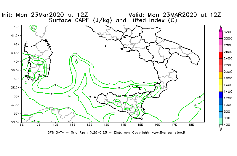 Mappa di analisi GFS - CAPE [J/kg] e Lifted Index [°C] in Sud-Italia
							del 23/03/2020 12 <!--googleoff: index-->UTC<!--googleon: index-->