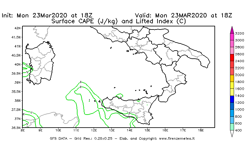 Mappa di analisi GFS - CAPE [J/kg] e Lifted Index [°C] in Sud-Italia
							del 23/03/2020 18 <!--googleoff: index-->UTC<!--googleon: index-->