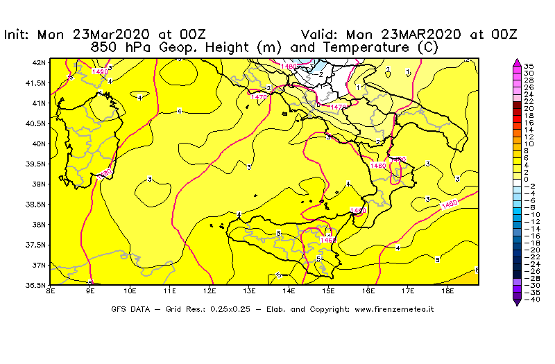 Mappa di analisi GFS - Geopotenziale [m] e Temperatura [°C] a 850 hPa in Sud-Italia
							del 23/03/2020 00 <!--googleoff: index-->UTC<!--googleon: index-->
