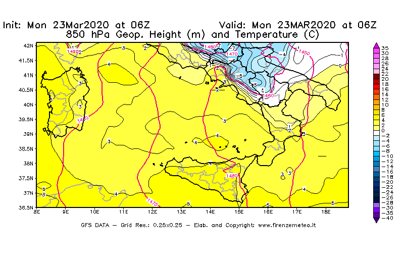 Mappa di analisi GFS - Geopotenziale [m] e Temperatura [°C] a 850 hPa in Sud-Italia
							del 23/03/2020 06 <!--googleoff: index-->UTC<!--googleon: index-->