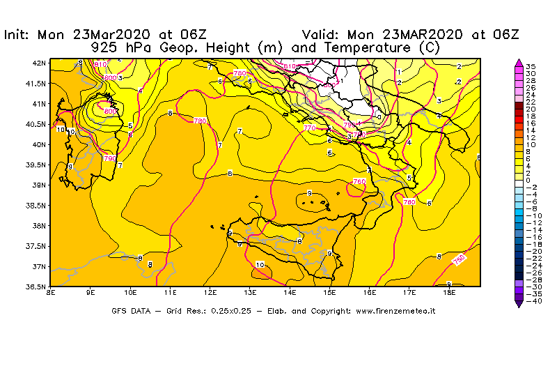 Mappa di analisi GFS - Geopotenziale [m] e Temperatura [°C] a 925 hPa in Sud-Italia
							del 23/03/2020 06 <!--googleoff: index-->UTC<!--googleon: index-->