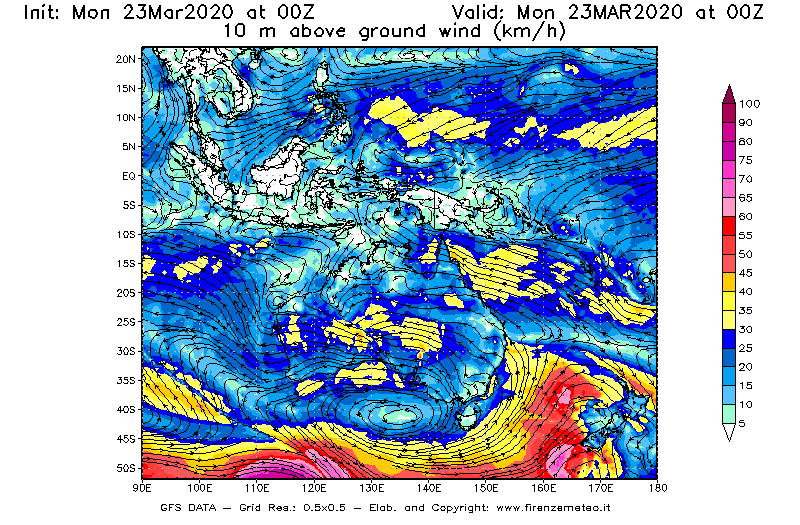 Mappa di analisi GFS - Velocità del vento a 10 metri dal suolo [km/h] in Oceania
							del 23/03/2020 00 <!--googleoff: index-->UTC<!--googleon: index-->