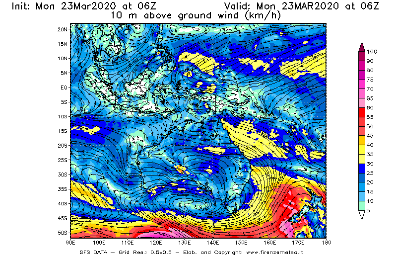Mappa di analisi GFS - Velocità del vento a 10 metri dal suolo [km/h] in Oceania
							del 23/03/2020 06 <!--googleoff: index-->UTC<!--googleon: index-->