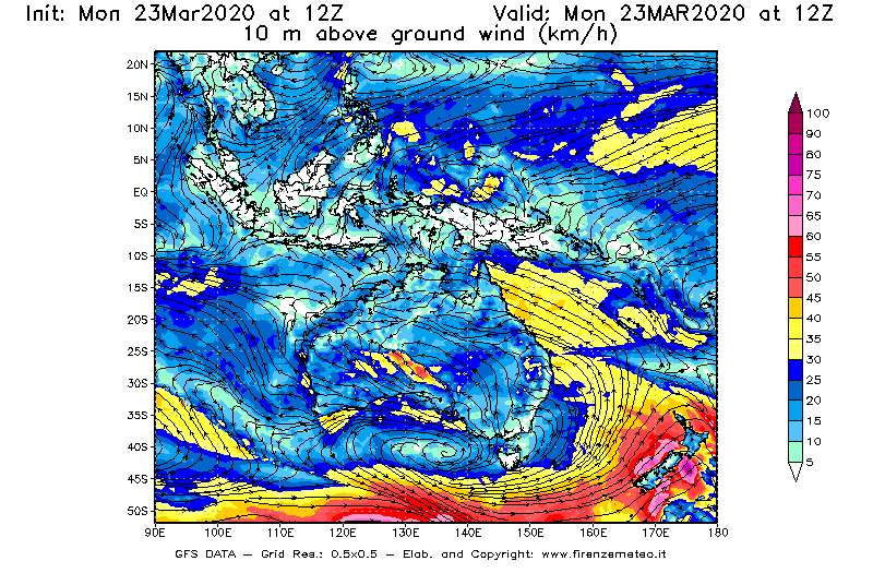 Mappa di analisi GFS - Velocità del vento a 10 metri dal suolo [km/h] in Oceania
							del 23/03/2020 12 <!--googleoff: index-->UTC<!--googleon: index-->
