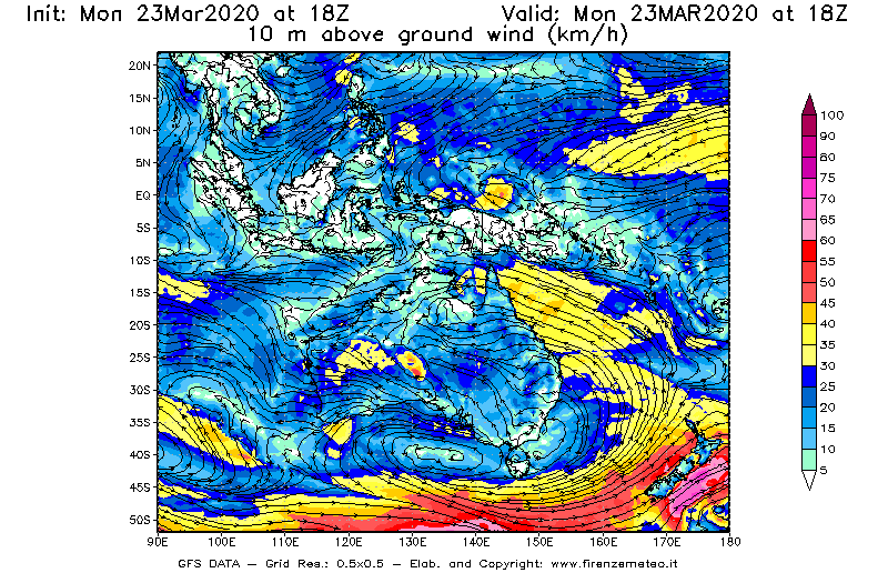 Mappa di analisi GFS - Velocità del vento a 10 metri dal suolo [km/h] in Oceania
							del 23/03/2020 18 <!--googleoff: index-->UTC<!--googleon: index-->