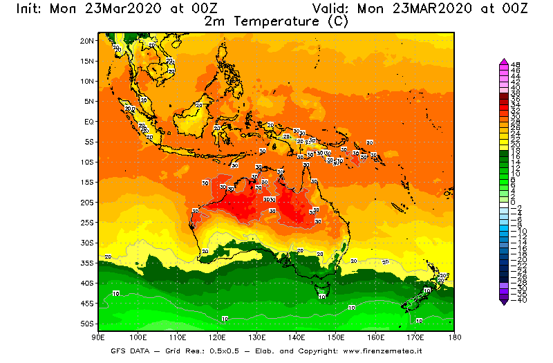 Mappa di analisi GFS - Temperatura a 2 metri dal suolo [°C] in Oceania
							del 23/03/2020 00 <!--googleoff: index-->UTC<!--googleon: index-->