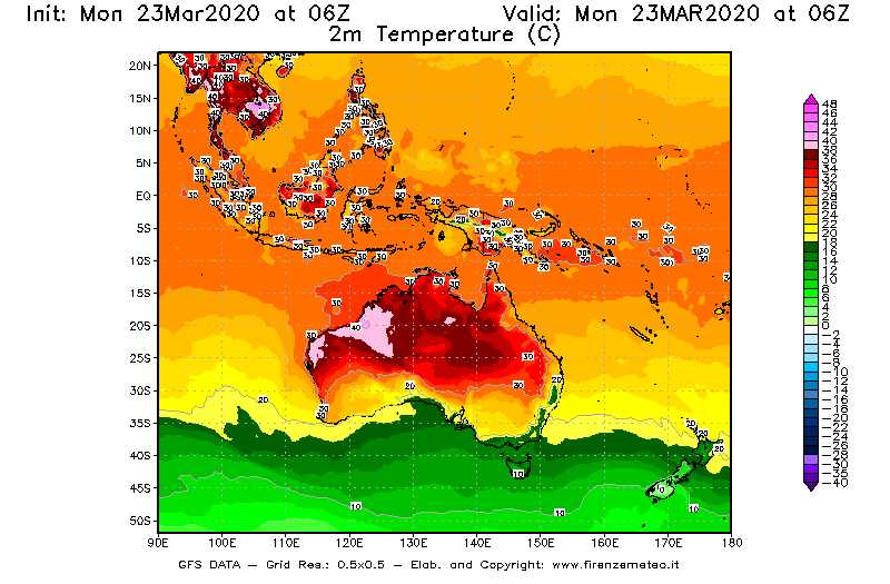 Mappa di analisi GFS - Temperatura a 2 metri dal suolo [°C] in Oceania
							del 23/03/2020 06 <!--googleoff: index-->UTC<!--googleon: index-->