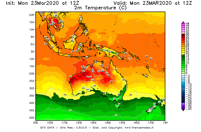 Mappa di analisi GFS - Temperatura a 2 metri dal suolo [°C] in Oceania
							del 23/03/2020 12 <!--googleoff: index-->UTC<!--googleon: index-->