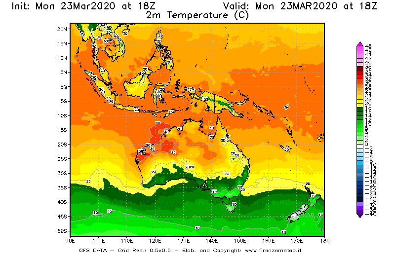Mappa di analisi GFS - Temperatura a 2 metri dal suolo [°C] in Oceania
							del 23/03/2020 18 <!--googleoff: index-->UTC<!--googleon: index-->