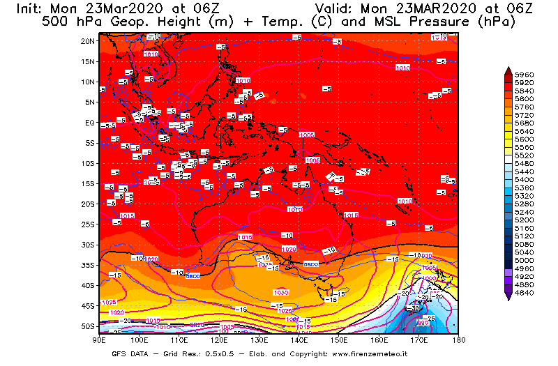 Mappa di analisi GFS - Geopotenziale [m] + Temp. [°C] a 500 hPa + Press. a livello del mare [hPa] in Oceania
							del 23/03/2020 06 <!--googleoff: index-->UTC<!--googleon: index-->