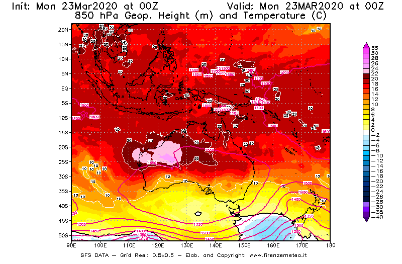 Mappa di analisi GFS - Geopotenziale [m] e Temperatura [°C] a 850 hPa in Oceania
							del 23/03/2020 00 <!--googleoff: index-->UTC<!--googleon: index-->
