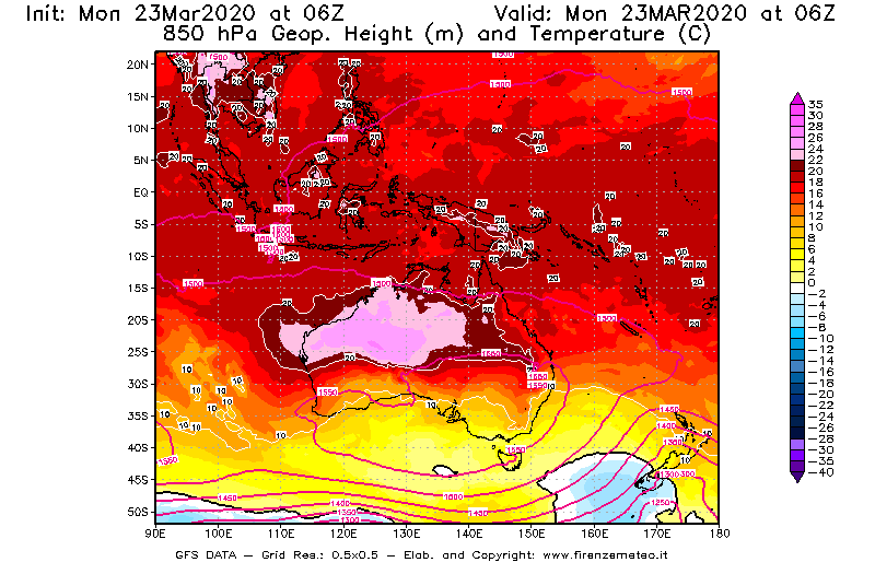 Mappa di analisi GFS - Geopotenziale [m] e Temperatura [°C] a 850 hPa in Oceania
							del 23/03/2020 06 <!--googleoff: index-->UTC<!--googleon: index-->