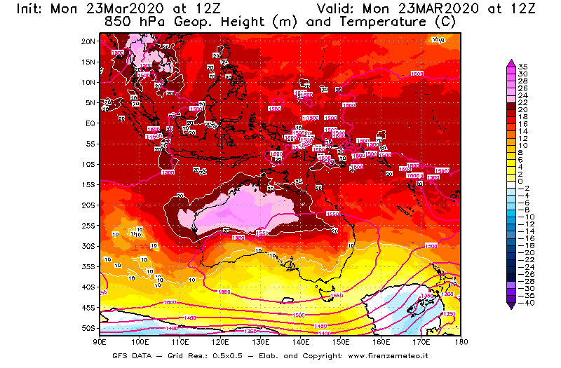 Mappa di analisi GFS - Geopotenziale [m] e Temperatura [°C] a 850 hPa in Oceania
							del 23/03/2020 12 <!--googleoff: index-->UTC<!--googleon: index-->