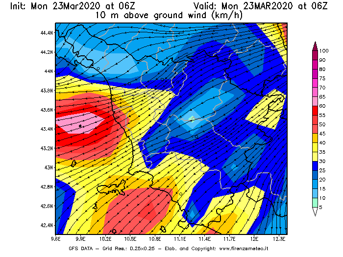 Mappa di analisi GFS - Velocità del vento a 10 metri dal suolo [km/h] in Toscana
							del 23/03/2020 06 <!--googleoff: index-->UTC<!--googleon: index-->