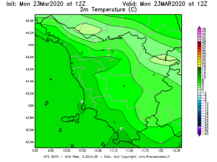 Mappa di analisi GFS - Temperatura a 2 metri dal suolo [°C] in Toscana
							del 23/03/2020 12 <!--googleoff: index-->UTC<!--googleon: index-->