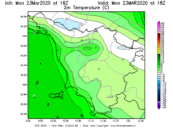 Mappa di analisi GFS - Temperatura a 2 metri dal suolo [°C] in Toscana
							del 23/03/2020 18 <!--googleoff: index-->UTC<!--googleon: index-->