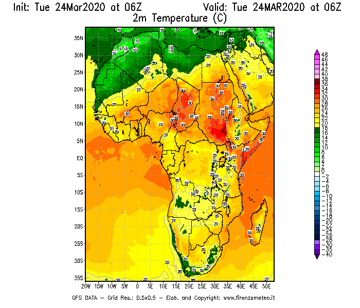 Mappa di analisi GFS - Temperatura a 2 metri dal suolo [°C] in Africa
							del 24/03/2020 06 <!--googleoff: index-->UTC<!--googleon: index-->