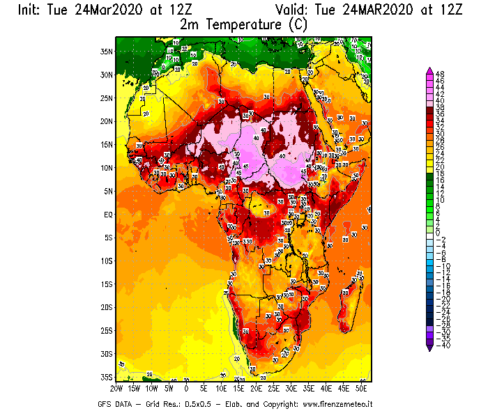 Mappa di analisi GFS - Temperatura a 2 metri dal suolo [°C] in Africa
							del 24/03/2020 12 <!--googleoff: index-->UTC<!--googleon: index-->