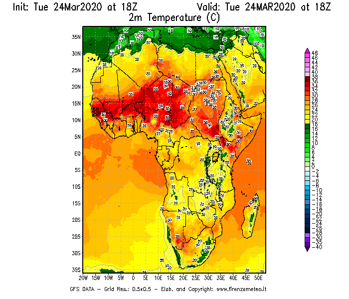 Mappa di analisi GFS - Temperatura a 2 metri dal suolo [°C] in Africa
									del 24/03/2020 18 <!--googleoff: index-->UTC<!--googleon: index-->