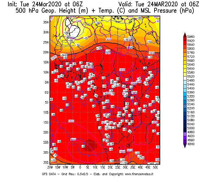 Mappa di analisi GFS - Geopotenziale [m] + Temp. [°C] a 500 hPa + Press. a livello del mare [hPa] in Africa
									del 24/03/2020 06 <!--googleoff: index-->UTC<!--googleon: index-->