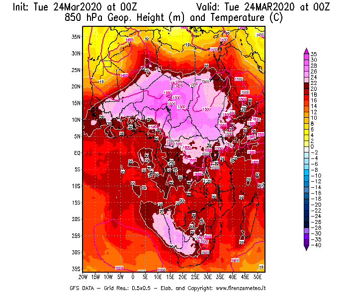 Mappa di analisi GFS - Geopotenziale [m] e Temperatura [°C] a 850 hPa in Africa
							del 24/03/2020 00 <!--googleoff: index-->UTC<!--googleon: index-->