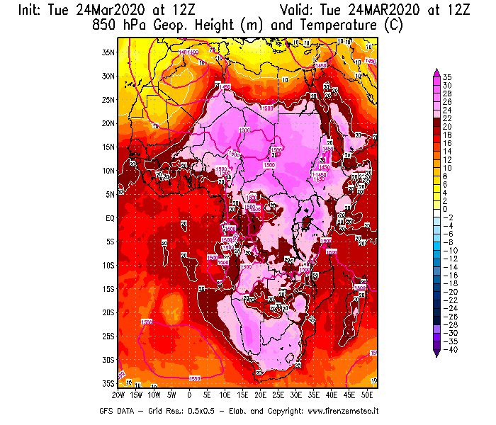 Mappa di analisi GFS - Geopotenziale [m] e Temperatura [°C] a 850 hPa in Africa
							del 24/03/2020 12 <!--googleoff: index-->UTC<!--googleon: index-->