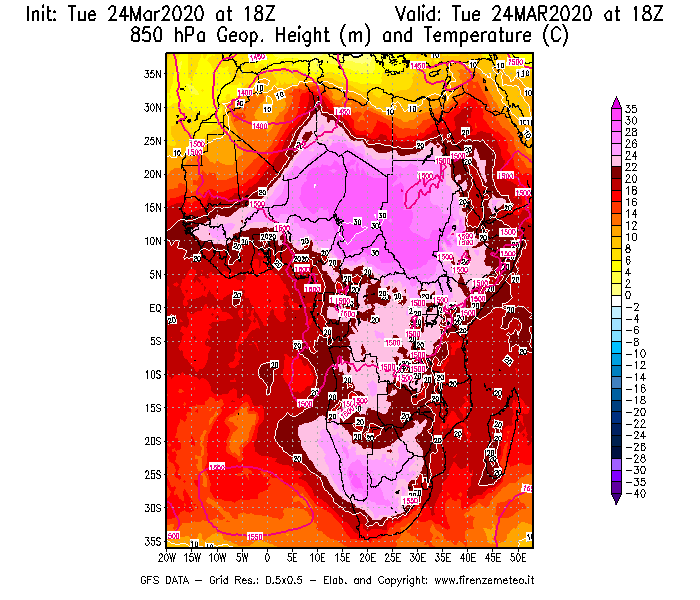 Mappa di analisi GFS - Geopotenziale [m] e Temperatura [°C] a 850 hPa in Africa
							del 24/03/2020 18 <!--googleoff: index-->UTC<!--googleon: index-->