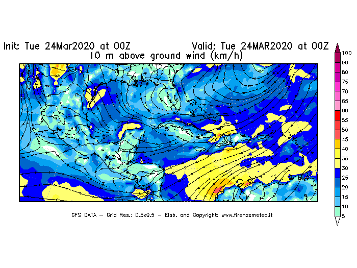 Mappa di analisi GFS - Velocità del vento a 10 metri dal suolo [km/h] in Centro-America
									del 24/03/2020 00 <!--googleoff: index-->UTC<!--googleon: index-->