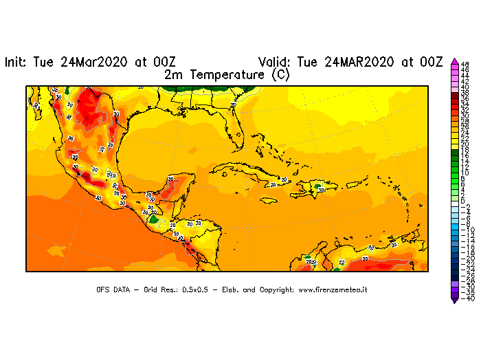 Mappa di analisi GFS - Temperatura a 2 metri dal suolo [°C] in Centro-America
							del 24/03/2020 00 <!--googleoff: index-->UTC<!--googleon: index-->