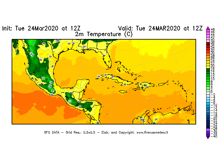Mappa di analisi GFS - Temperatura a 2 metri dal suolo [°C] in Centro-America
									del 24/03/2020 12 <!--googleoff: index-->UTC<!--googleon: index-->