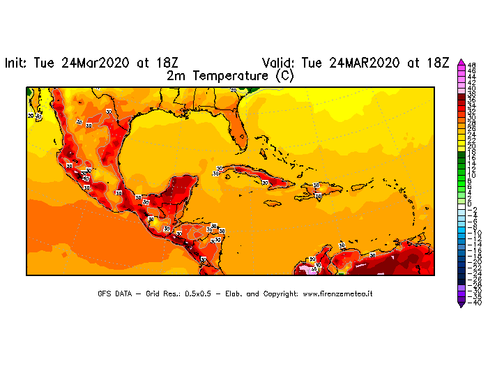 Mappa di analisi GFS - Temperatura a 2 metri dal suolo [°C] in Centro-America
									del 24/03/2020 18 <!--googleoff: index-->UTC<!--googleon: index-->