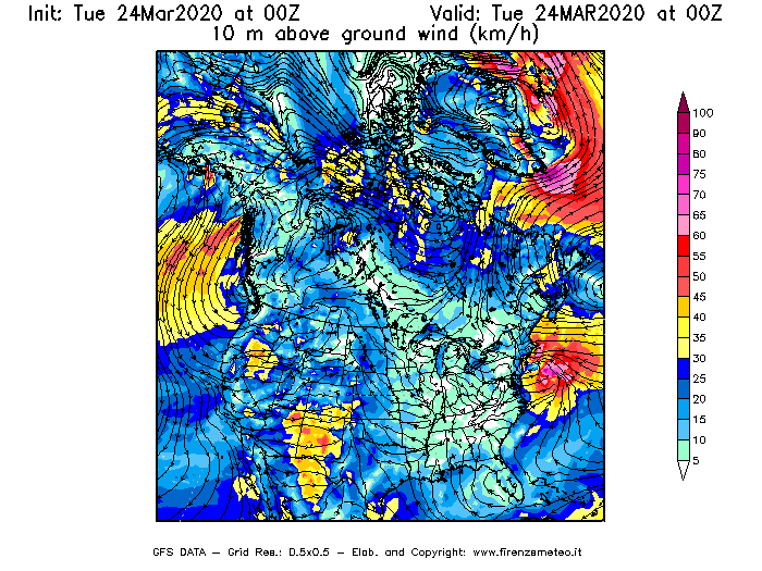 Mappa di analisi GFS - Velocità del vento a 10 metri dal suolo [km/h] in Nord-America
									del 24/03/2020 00 <!--googleoff: index-->UTC<!--googleon: index-->