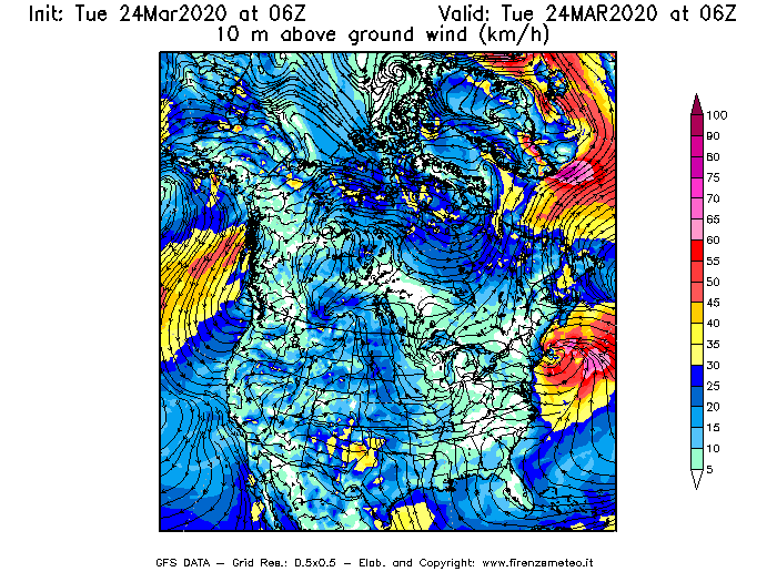 Mappa di analisi GFS - Velocità del vento a 10 metri dal suolo [km/h] in Nord-America
							del 24/03/2020 06 <!--googleoff: index-->UTC<!--googleon: index-->